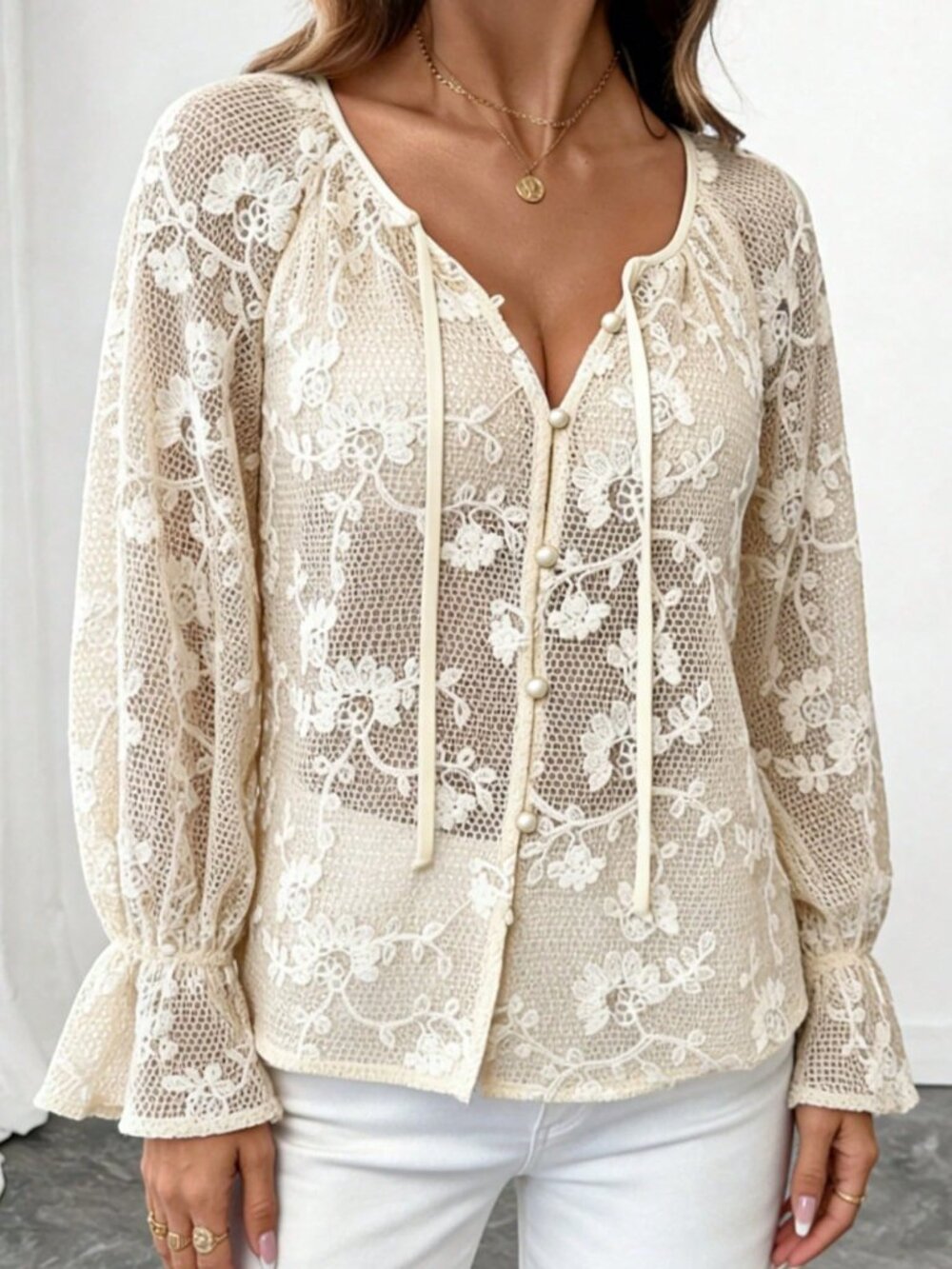 Apricot Casual Women's Floral Knit V-Neck Blouse with Pearl Buttons - Picture 3 of 7